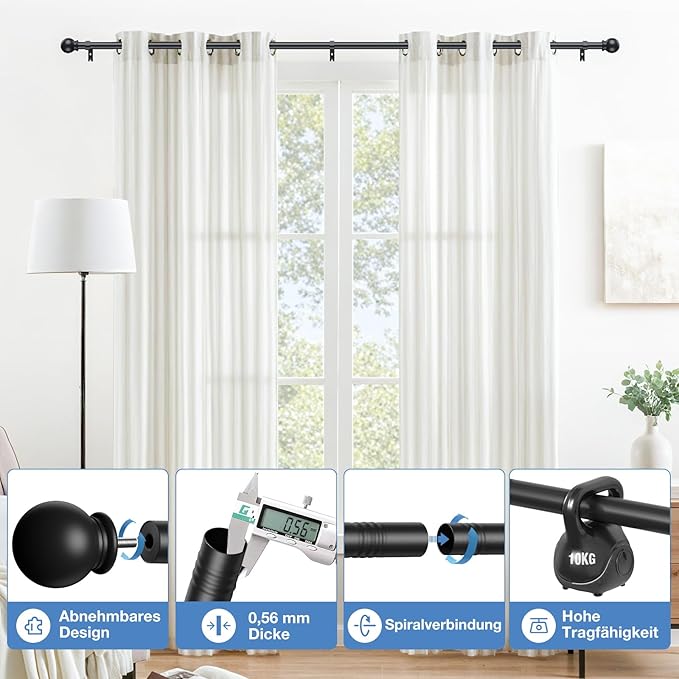 Varão de Cortina Extensível 76–305 cm Metal, Preto Mate, Tampas Redondas, Suporte de Parede