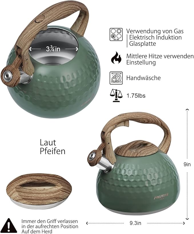 Chaleira com Apito em Aço Inoxidável POLIVIAR 7379 – 2,5L, Indução, Verde