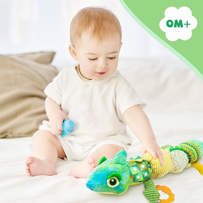 Brinquedo de Peluche Musical MOMSIV Camaleão 4 em 1 para Bebé – Sensorial, com Régua de Crescimento (Verde)