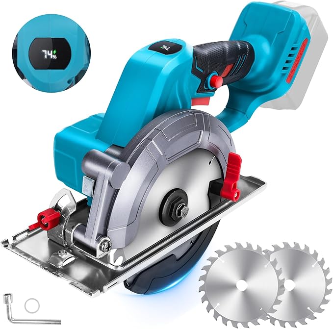 Serra circular manual com bateria, 6 polegadas, sem escova, mini serra circular compatível com bateria Makita de 18 V com 2 lâminas de serra, ecrã digital, ângulo ajustável de 0 a