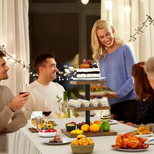 Suporte de Cupcakes IBUYKE em Madeira – Torre 3 Níveis Quadrada, Castanho Rústico