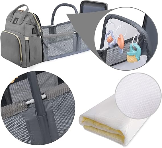 Mochila para fraldas com berço integrado - com trocador, bolsa térmica, mosquiteiro e porta USB para carregamento (cinza)