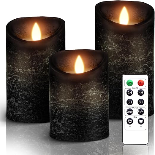 Velas LED AiiBowy [3 Peças] – Sem Chama, Exterior, Chama Tremeluzente, Controle Remoto, Temporizador, Ajuste de Luz – Preto