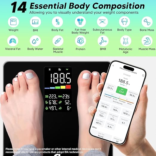 Balança Inteligente de Peso Corporal Bluetooth – 14 Métricas Corporais, App Smart, até 180kg