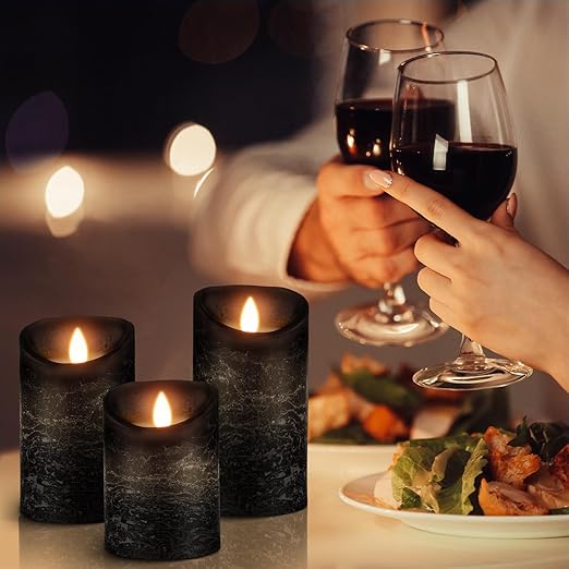 Velas LED AiiBowy [3 Peças] – Sem Chama, Exterior, Chama Tremeluzente, Controle Remoto, Temporizador, Ajuste de Luz – Preto