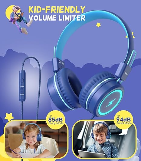 Auscultadores Infantis USB-C com LED e Microfone – Azul