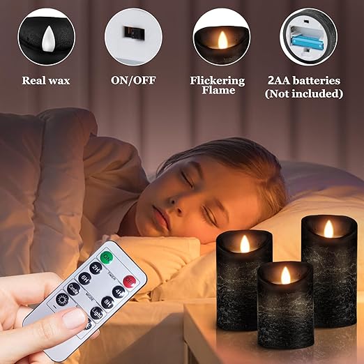 Velas LED AiiBowy [3 Peças] – Sem Chama, Exterior, Chama Tremeluzente, Controle Remoto, Temporizador, Ajuste de Luz – Preto