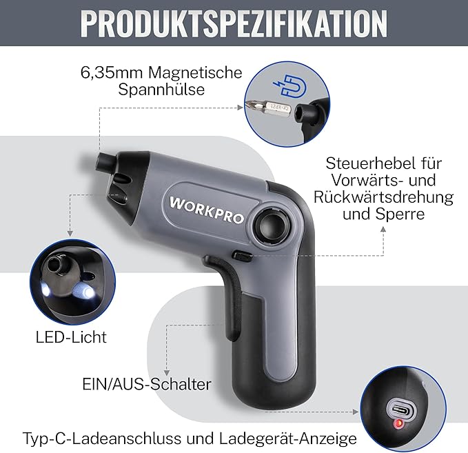 WORKPRO Aparafusadora Sem Fios 3.6V — Kit Completo com 21 Pontas, Extensor e Caixa de Arrumação