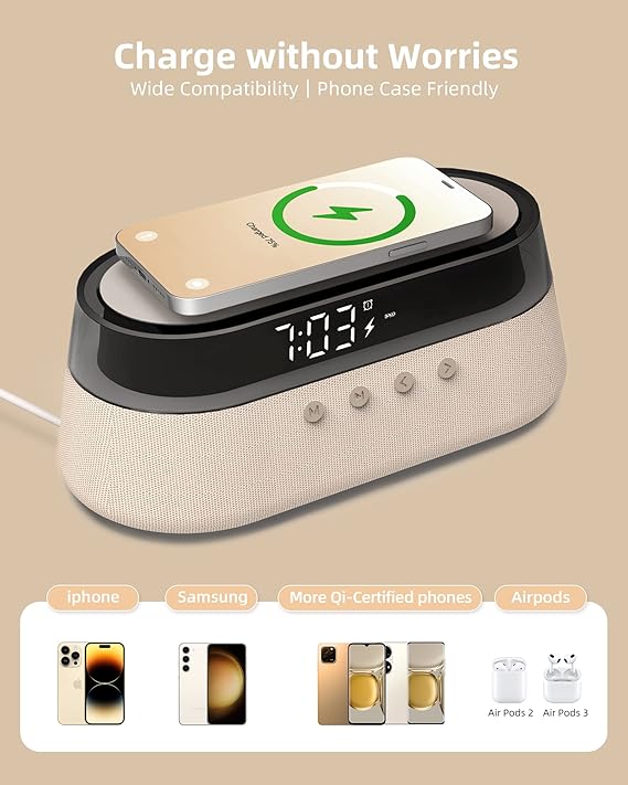 Rádio Despertador EZVALO 4 em 1 com Carregador Sem Fios 15W – Bluetooth, Luz Noturna RGB e Rádio FM