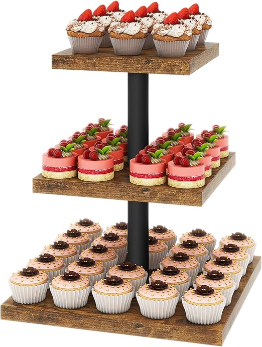 Suporte de Cupcakes IBUYKE em Madeira – Torre 3 Níveis Quadrada, Castanho Rústico