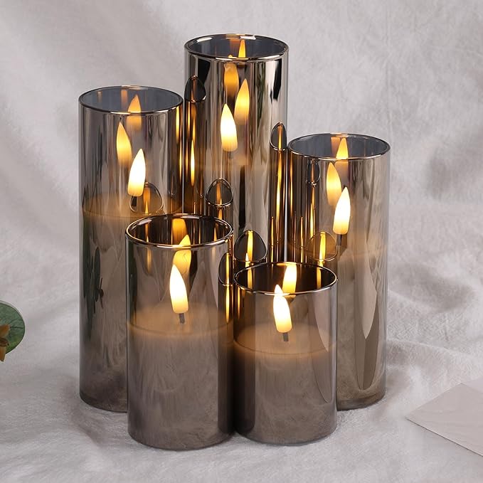 Conjunto de 5 Velas LED Slim em Vidro Cinza com Comando – Sem Chama, Efeito Tremeluzente