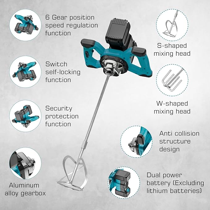 Misturadora de Cimento 3100W Sem Fios, Compatível com Bateria Makita 18-21V