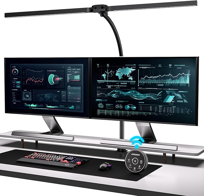 Candeeiro de mesa com controlo remoto, candeeiro LED de 80 cm para escritório em casa, luz de mesa de cabeçao dupla de 24 W, regulável e com temperatura de cor, luz para monitor de computador