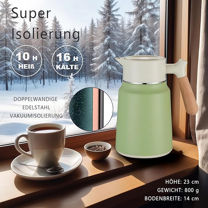 Garrafa Térmica VETIN 1,5 L em Aço Inoxidável 304 – Isolamento a Vácuo Dupla Parede, Pega Efeito Madeira, Branco e Verde