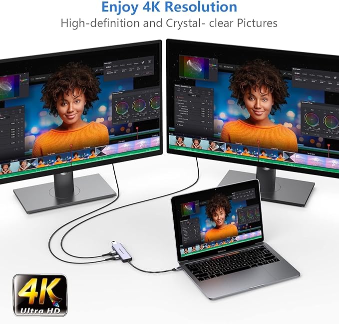 ub USB-C 4 em 1 com 2× HDMI 4K, 100W, Porta USB-A e Splitter para Monitores Duplos