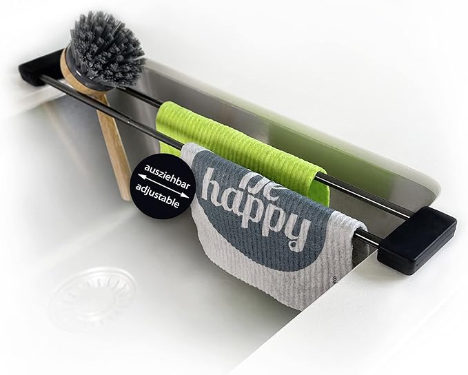 Sanni Shoo Suporte para panos de cozinha Drip.Line, organizador de lava-loiças, suporte flexível para panos de cozinha, organizador de panos de cozinha, aço preto, preto