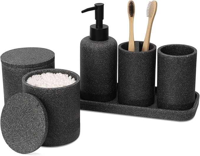 Conjunto de Casa de Banho 6 Peças em Resina Premium Efeito Mármore Preto