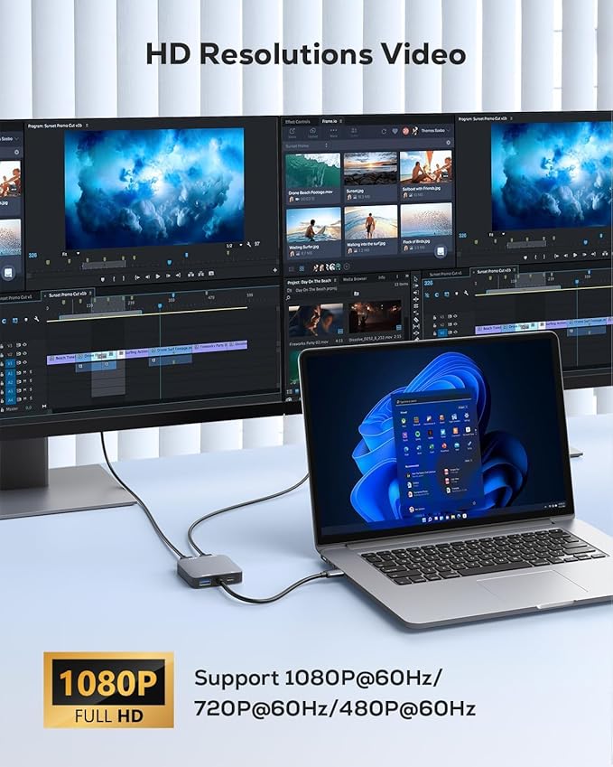 Adaptador USB 3.0 para Duplo HDMI ABLEWE – Hub 4 em 1 com Porta USB e Alimentação USB-C