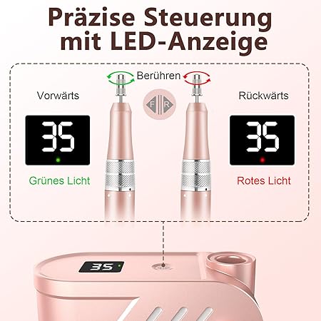 Broca Elétrica Profissional para Unhas 35.000 RPM – Manicure e Pedicure para Unhas de Gel e Acrílico com Display LED – Rosa