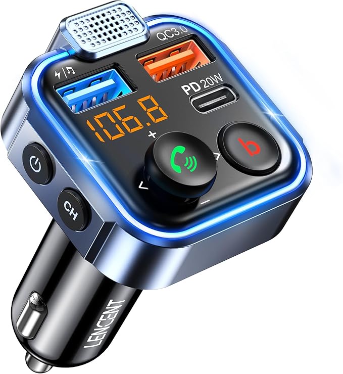 Transmissor FM Bluetooth LENCENT para Carro – USB-C 20W, QC 3.0, Mãos-Livres e Hi-Fi