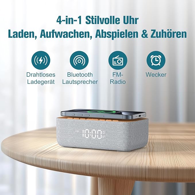 Rádio Despertador Digital REACHER com Carregamento Sem Fios 15W e Bluetooth