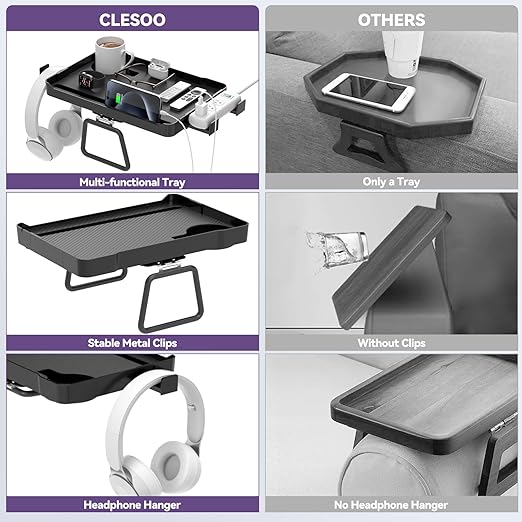 Bandeja de Apoio de Sofá 5 em 1 – Grande Capacidade com Suporte para Copo, Tablet e Telemóvel, Orifícios para Cabos, Ganchos Ocultos e Suporte para Extensão