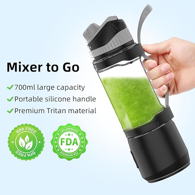 Liquidificadora Portátil DENOKIN 700 ml – Recarregável USB-C com 6 Lâminas em Aço Inox (Preto/Cinza)