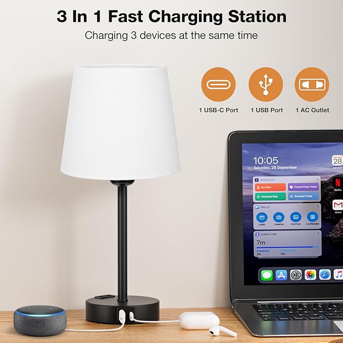 Conjunto de 2 Candeeiros Táteis com USB-A + USB-C + Tomada CA