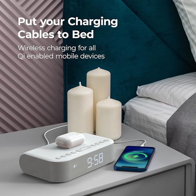 Despertador com Carregamento Sem Fios, Rádio FM e Coluna Bluetooth