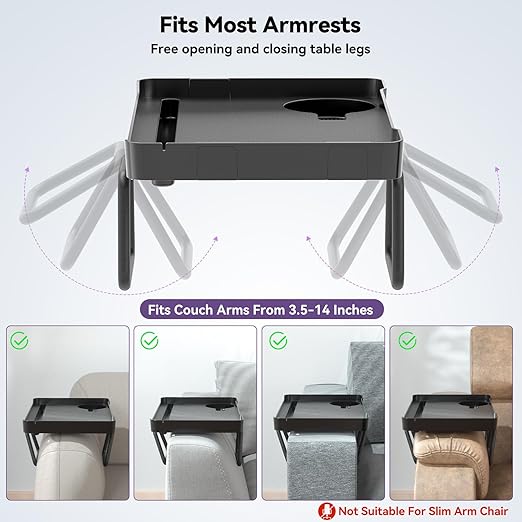 Bandeja de Apoio de Sofá 5 em 1 – Grande Capacidade com Suporte para Copo, Tablet e Telemóvel, Orifícios para Cabos, Ganchos Ocultos e Suporte para Extensão