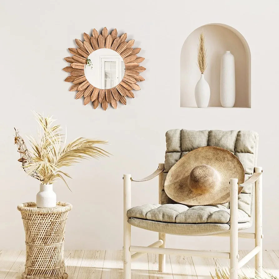 Emfogoo Espelhos decorativos de parede, espelho redondo de madeira pequenos, decoração de quarto boémio, espelho decorativo de parede para salas de estar, casa de banho, quartos, hall de entrada