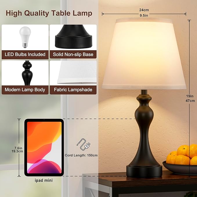 Conjunto de 2 Candeeiros de Mesa Táteis Reguláveis com Carregamento USB-A + USB-C