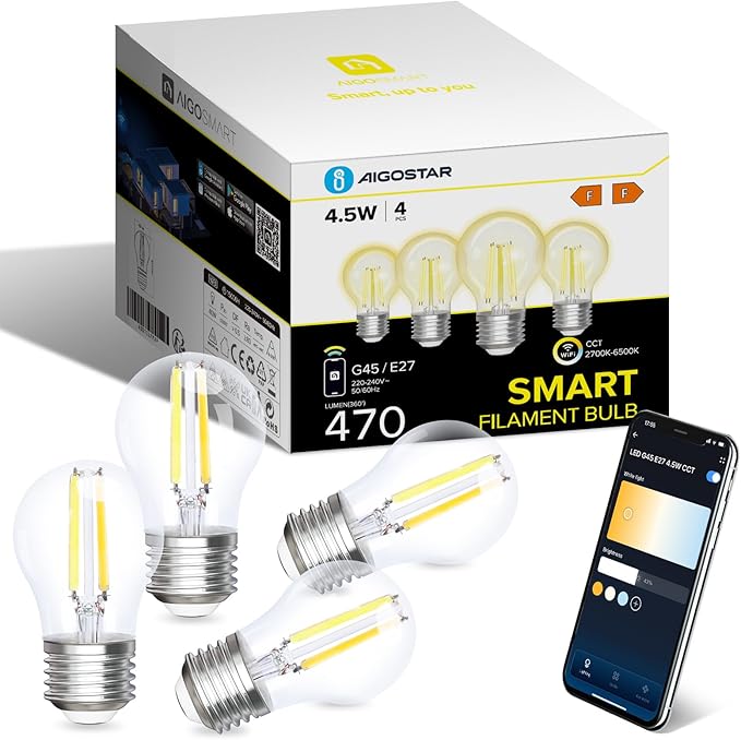 Lâmpada Inteligente Aigostar E27 G45, Alexa/Google Home, 4 Unidades