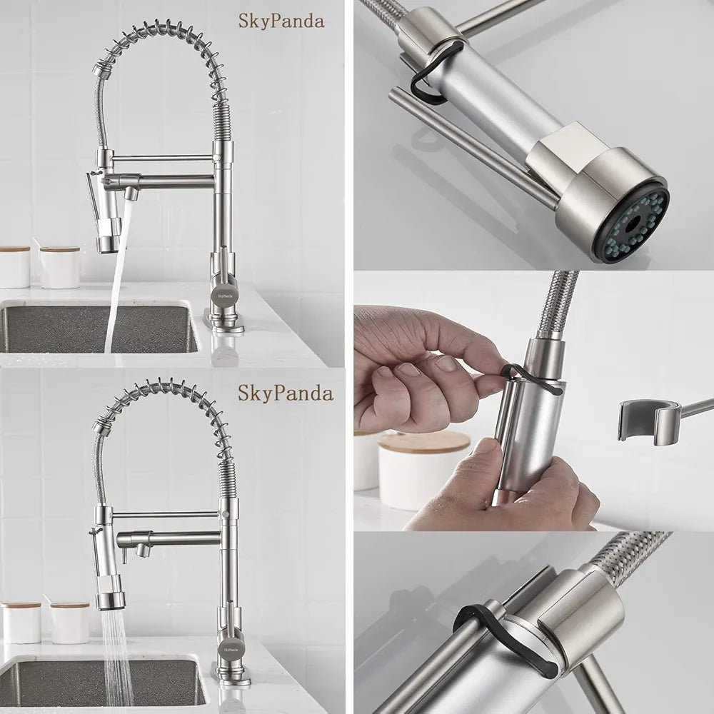 SkyPanda Torneira de cozinha, mola de latão escovado com cabeça de pulverização Pull Down, com 2 saídas , cabeça de pulverização de alta pressão, escova de níquel
