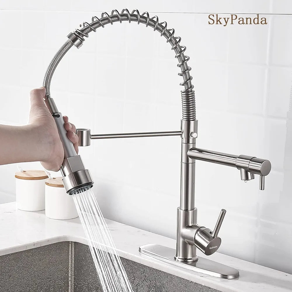SkyPanda Torneira de cozinha, mola de latão escovado com cabeça de pulverização Pull Down, com 2 saídas , cabeça de pulverização de alta pressão, escova de níquel