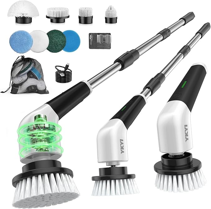 Escova Elétrica de Limpeza Rotativa YKYI – 8 Cabeças, Cabo Ajustável, 2 Velocidades, USB-C