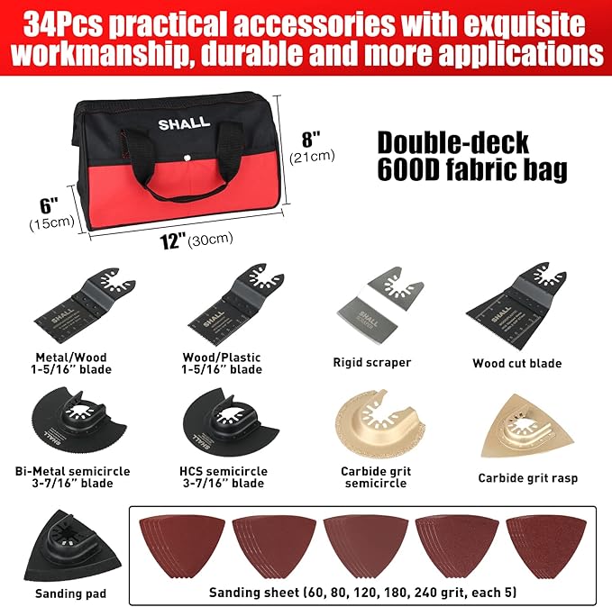 Multitool - Ferramenta Oscilante SHALL 500W — Kit Multifuncional com 34 Acessórios, 6 Velocidades e Bolsa de Transporte