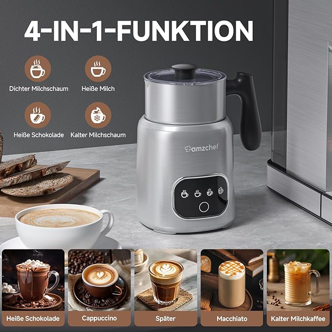 Espumador de Leite Elétrico AMZCHEF com Ecrã Tátil LED – Aço Inoxidável, Aquecimento por Indução 3D, Ideal para Chocolate Quente, Latte, Cappuccino e Mocha