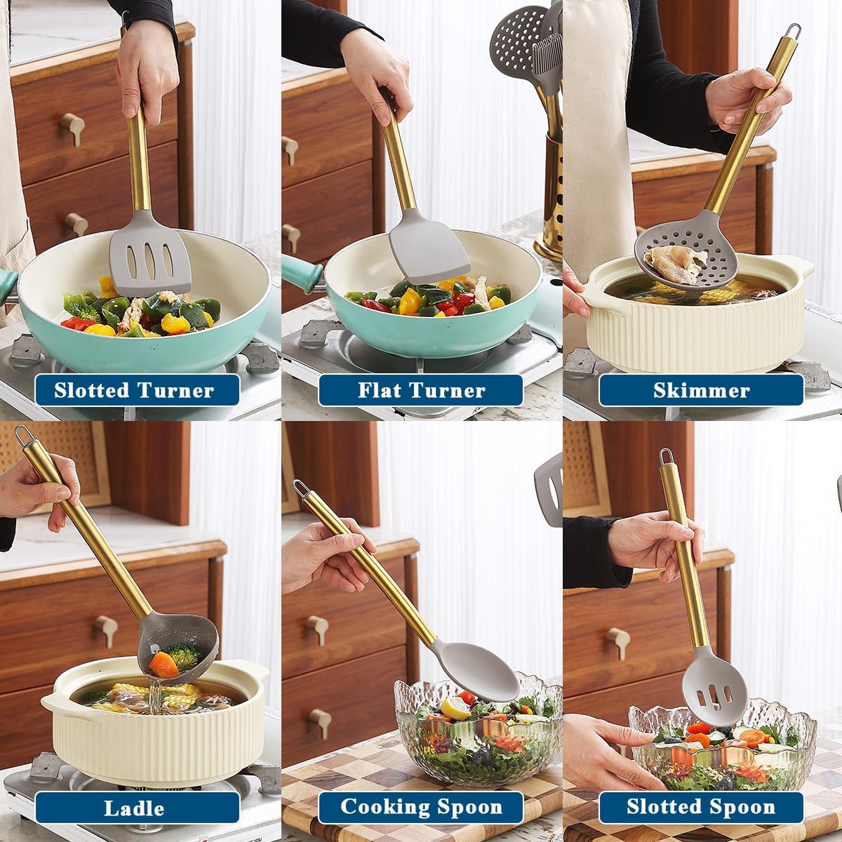 Conjunto de Utensílios de Cozinha Dourados Kyraton – 38 Peças em Silicone Antiaderente com Suporte em Aço Inoxidável
