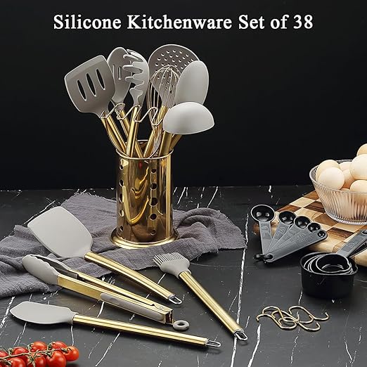 Conjunto de Utensílios de Cozinha Dourados Kyraton – 38 Peças em Silicone Antiaderente com Suporte em Aço Inoxidável