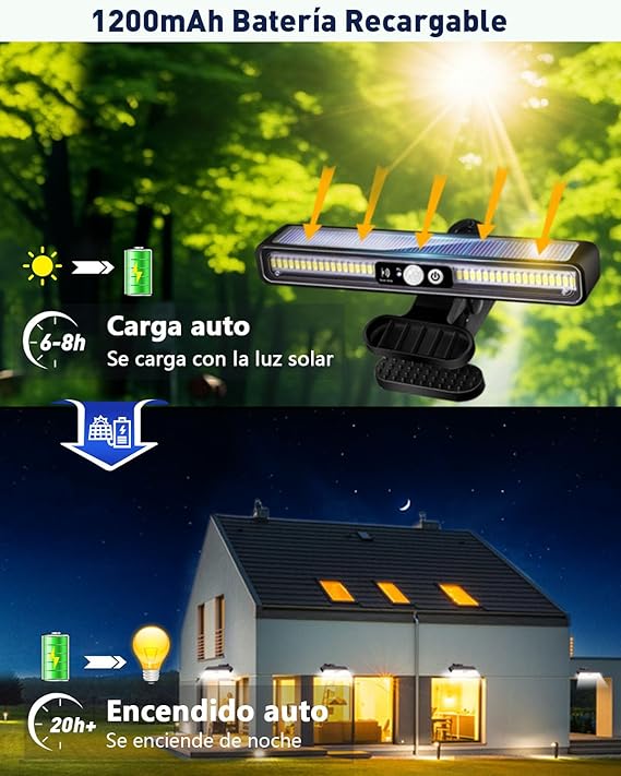 2x Luz Solar Exterior Sensor Movimento | 1200 mAh IP55 | Jardim, Garagem, Pátio