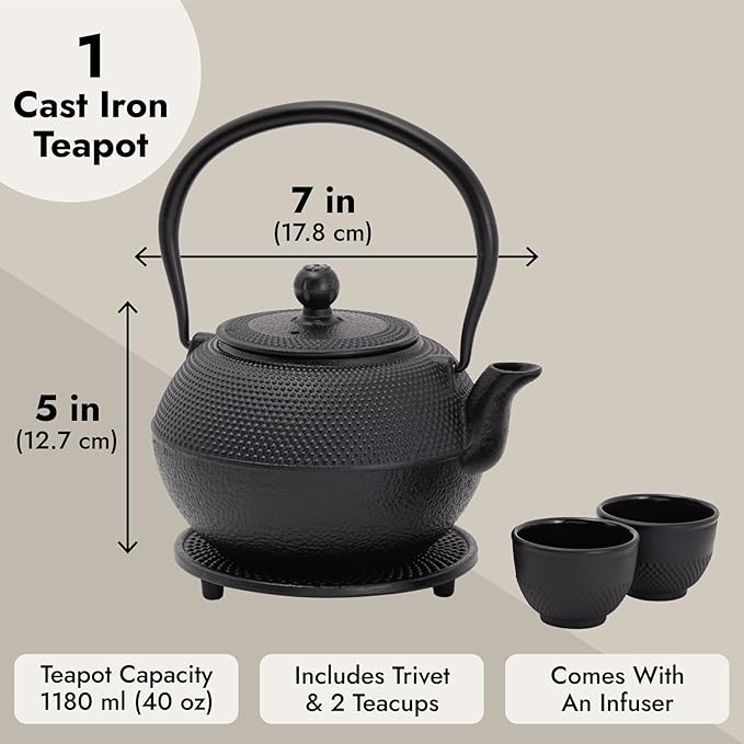 Conjunto de Chaleira Bule Tetsubin Japonesa com 2 Xícaras e Infusor de Chá (Chaleira de 1200 ml com Infusor) - Preto
