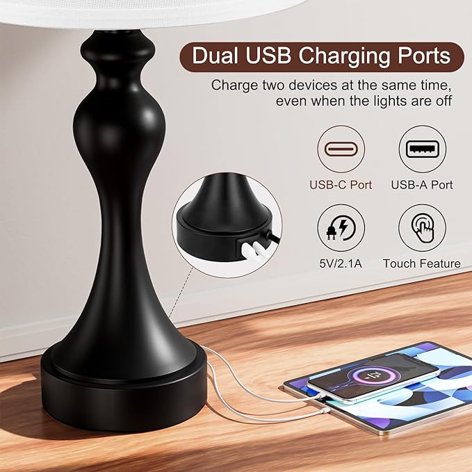Conjunto de 2 Candeeiros de Mesa Táteis Reguláveis com Carregamento USB-A + USB-C