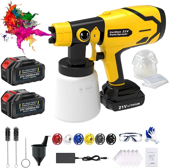Pistola de Pintura Elétrica a Bateria 21V 600W – Depósito 1000 ml, 6 Bicos, 3 Modos de Pulverização (Amarela)