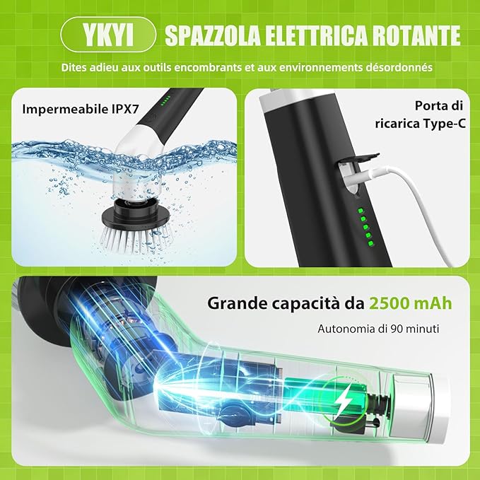 Escova Elétrica de Limpeza Rotativa YKYI – 8 Cabeças, Cabo Ajustável, 2 Velocidades, USB-C