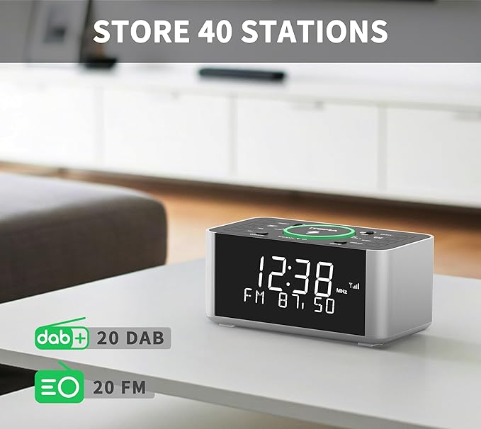 Rádio Despertador iTOMA com Carregamento Sem Fios, Bluetooth e Rádio DAB/FM