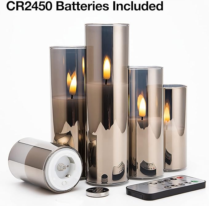 Conjunto de 5 Velas LED Slim em Vidro Cinza com Comando – Sem Chama, Efeito Tremeluzente