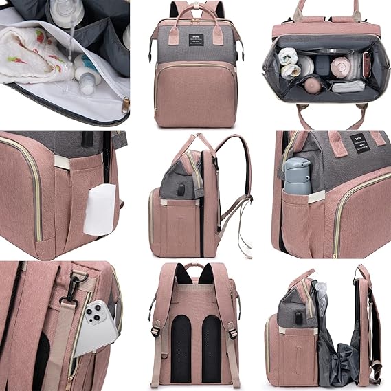 Mochila para fraldas com berço integrado - com trocador, bolsa térmica, mosquiteiro e porta USB para carregamento (cinza)