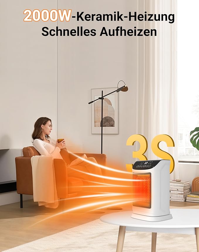Aquecedor Cerâmico PTC Primevolve 1800W – Oscilante com Comando e Temporizador 12h