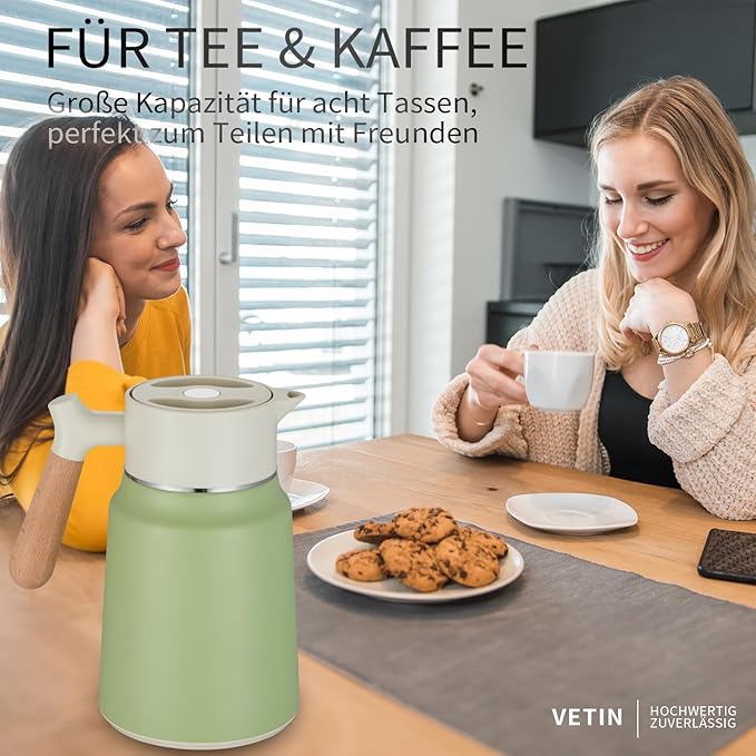Garrafa Térmica VETIN 1,5 L em Aço Inoxidável 304 – Isolamento a Vácuo Dupla Parede, Pega Efeito Madeira, Branco e Verde